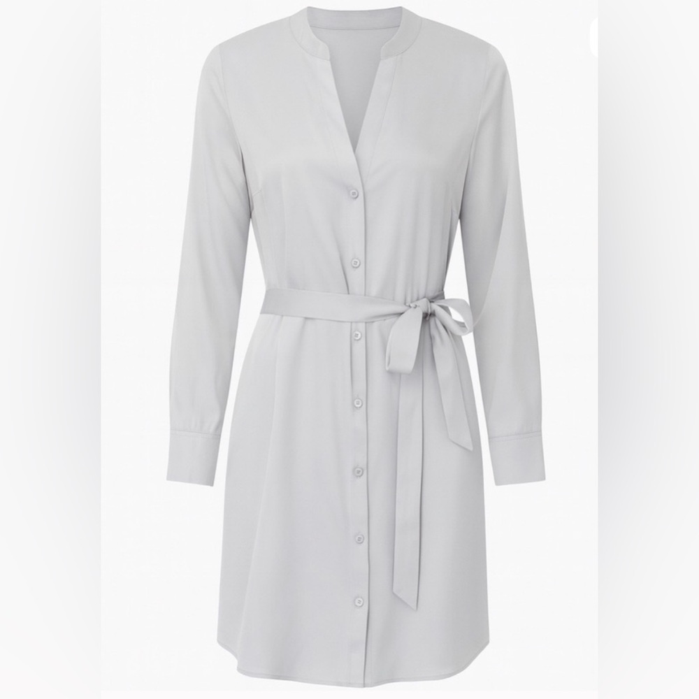 Eileen Fisher 100% silk Light Gray Blue Purple Button-Down Dress with tie‎ belt